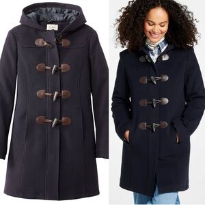L.L. Bean Classic Lambswool Duffel Coat 100% Wool Navy Blue Toggle Hooded Italy